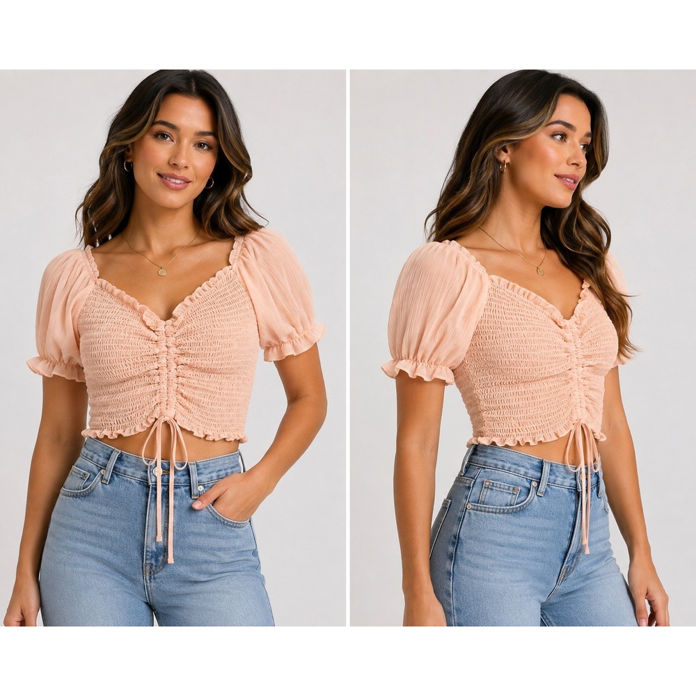 Active USA Peach Smocked Cinched Front Puff Sleeve Crop Top T12081 Medium